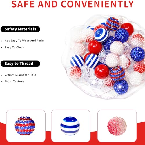 Exway 48 Pcs 20mm Beads for Pens, Rhinestone Bubblegum Beads, Red Blue Crystal Acrylic, Round Chunky, Sparkly Large Balls, DIY Jewelry Making Supplies - color: Blue