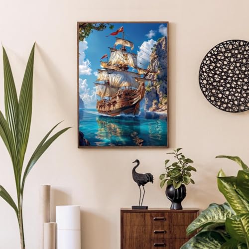 MOMDEDP 5D Diamond Painting Art Kit for Adults, Sailing Ship at Sea, Fantastic Landscapes DIY Full Drill Dots Gem Art Paint for Home Wall Decor 12 x 16 Inch