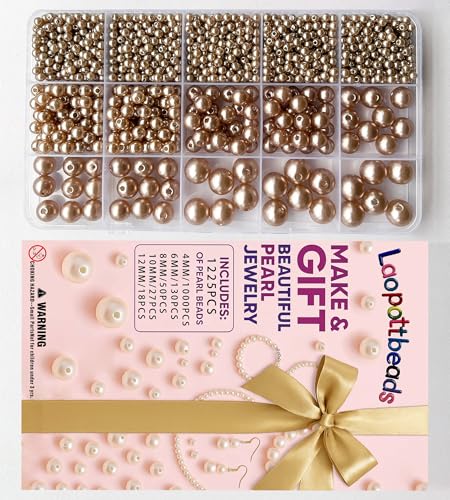 Laopottbeads 1225 Pcs Light Brown 5 Size Pearl Beads for Jewelry Making Round Pearl DIY Kit for Bracelets, Earrings, Necklaces & Anklets - color: Light Brown, size: 4/6/8/10/12 mm, 1225 pcs