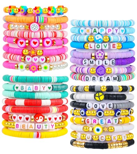 LUYI 32 Pcs Preppy Jewelry Bracelets for Women Clay Bead Colorful Surfer Heishi Bracelet Set Stackable Beaded Friendship Stretch Bracelets Boho Y2K Summer Beach Elastic Layering Bracelets - style: 32PCS-Bracelets