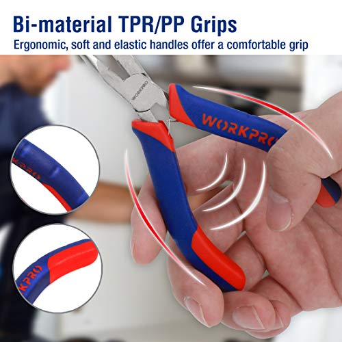 WORKPRO 6-piece Mini Pliers Set - Needle Nose, Diagonal, Long Nose, Bent Nose, End Cutting and Linesman, for Making Crafts, Repairing Electronic Devices, with Pouch - color: Blue