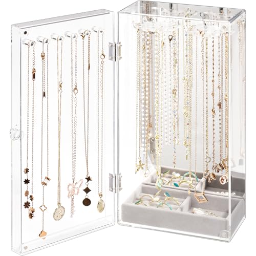 Lolalet Necklace Holder Organizer, Acrylic Jewelry Organizer with 24 Hooks, Rotating Clear Necklaces Display Box with Built-in Mirror, Dust-proof Jewelry Storage Case with Velvet Tray -Clearmirror - color: 1 -Clearmirror