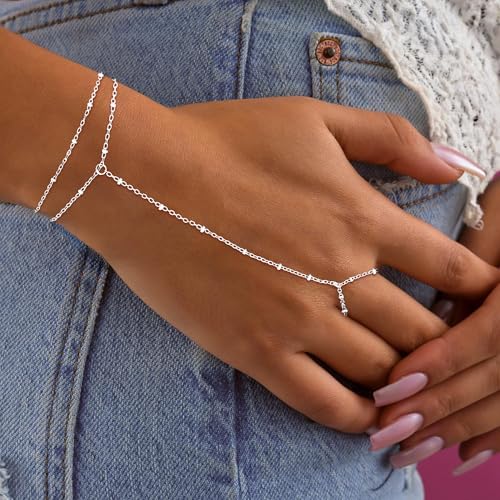 Gold Bracelets for Women Trendy, Dainty Gold Hand Chain Bracelet Stack 14k Gold Plated Finger Ring Bracelet Hand Chain Cz Layered Beaded Gold Bracelets for Women Non Tarnish Gold Jewelry Gift - style: satellite hand chain bracelet-silver