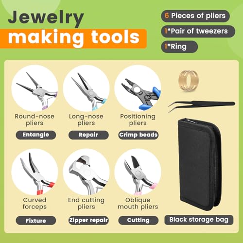 6 Pcs Jewelry Pliers Set Including Needle Round Bent Nose, Zipper Pliers, Wire Cutters, Crimper Nippers for Bracelet Beading DIY Craft Jewelry Making Supplies
