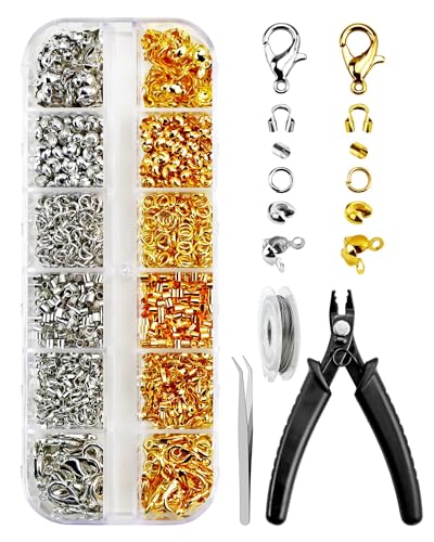 1200 Pcs Crimp Beads Kit for Jewelry Making, Including Crimp Beads, Covers, Tubes, Wire Guardians, Lobster Clasps, Jump Rings, Crimping Pliers and Beading Wire