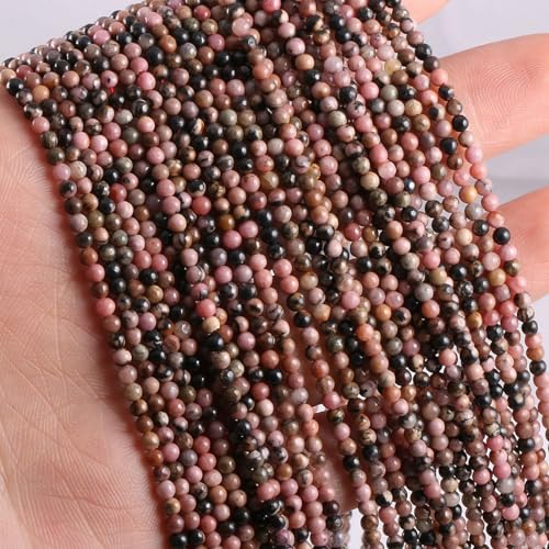 155pcs 2mm Natural Rhodonite Stone Loose Round Beads Gemstone Smooth Samll Spacer Beads for jewerly Making Bracelet Necklace - color: Rhodonite, size: 2 mm