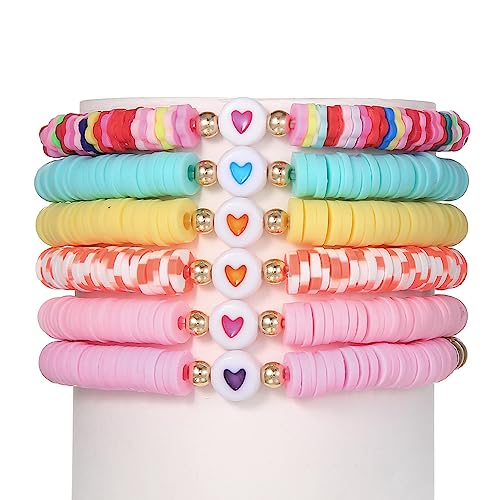 COLORFUL BLING 5-12Pcs Bohemian Love Heart Bead Bracelets for Women Vinyl Disc Heishi Surfer Stackable Stretch Bracelet Summer Beach Boho Jewelry - color: 6pcs mix