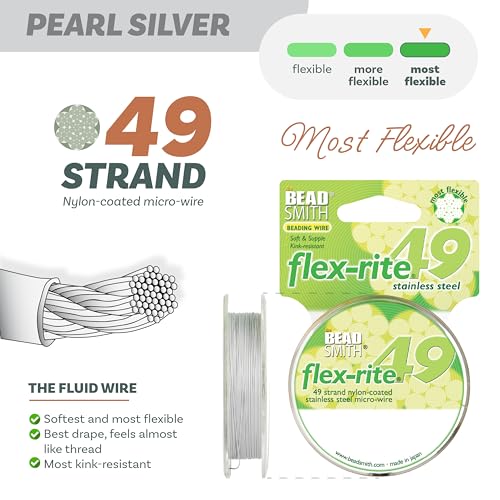 The Beadsmith Flex-Rite Beading Wire - 49-Strand Nylon-Coated Stainless-Steel Wire, 0.014" (0.35 mm) Dia, Pearl Silver, 30 ft Spool, Durable Necklace & Bracelet String, for Jewelry Making Supplies - color: Pearl Silver, size: .014” Dia - 30 ft