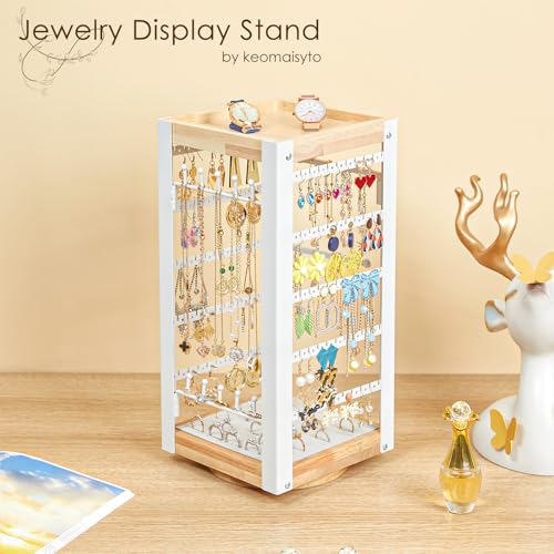 keomaisyto Earring Holder Organizer, Rotating Jewelry Holder with Ring Tray/Bracelet/Necklace Hooks, 360°Earring Organizer with Stable Bamboo Base for Jewelry Display, White - color: White & Grey