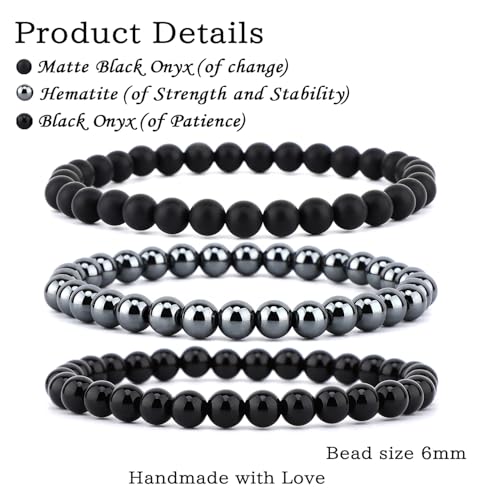 2/3-Pieces 4mm 6mm 8mm Natural Crystal Gemstone – Handmade Reiki Energy Healing Stretch Bracelets Jewelry for Yoga, Meditation, Unisex - color: 3 Pieces (BlackOnyx&Hematite&MatteBlackAgate), size: 6mm