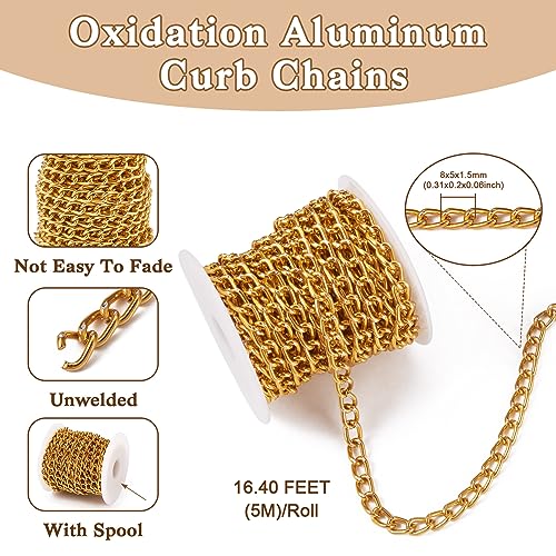 Craftdady 16.4 ft Aluminum Chain 8x5mm Twisted Golden Chain Unwelded Curb Chain Link Necklace Chain for DIY Crafts Bracelet Jewelry Making Pants Chain - color: Golden, 8x5mm