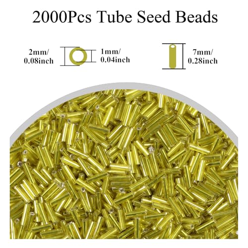 2000Pcs Tube Seed Beads 2x7mm Mini Long Glass Bugle Bead Small Craft Loose Spacer Beads for DIY Phone Charms Waist Bead Bracelets Earrings Necklaces (Lemon Yellow) - color: Lemon Yellow