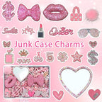 Gehaiwo Pink Junk Case Charms Kit, Junks Phone Cases with Rhinestone Accessories and Full Diamond Bow Lips Dollar Sign Pom Resin Kits Mirror with DIY Phones Decorations
