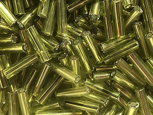 Czech Bugle Beads 40 gr / 1.4 oz Glass Tube Size #3 7mm (Lime Green Silver Lined) - color: Lime Green Silver Lined