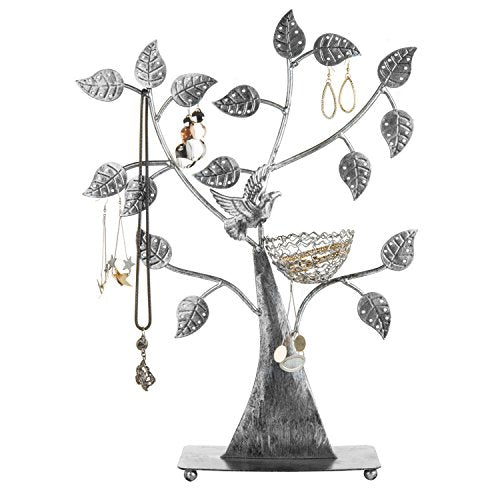 MyGift Silver Metal Jewelry Tree with Bird Nest - Holds up to 48 pair Earrings - color: Silver