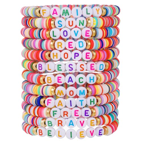 12pcs Friendship Bracelets Beaded Bracelets Heishi Bracelet Cute Bracelets Stack Vinyl Clay Disc Bead Surfer Stretch Summer Beach Bracelets For Women Preppy Bracelets - color: Z-1 color
