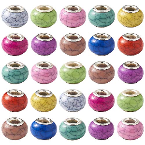Cheriswelry 100pcs Acrylic Rondelle European Large Hole Beads Imitation Turquoise Loose Spacer Beads Slide Charms with Silver Metal Double Cores 14x9.5mm fit Leather Cords Macrame Jewelry Making - color: Imitation Turquoise-Mixed Color