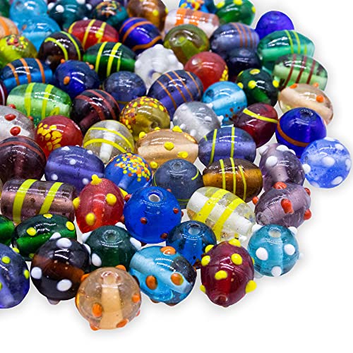 Assorted Glass Beads for Jewelry Making Adults, Bulk Glass Beads for Crafts, Lampwork Murano Bead Mix for Bracelets and Necklaces, Crafting Beads Supplies Kit, Large & Small Beads