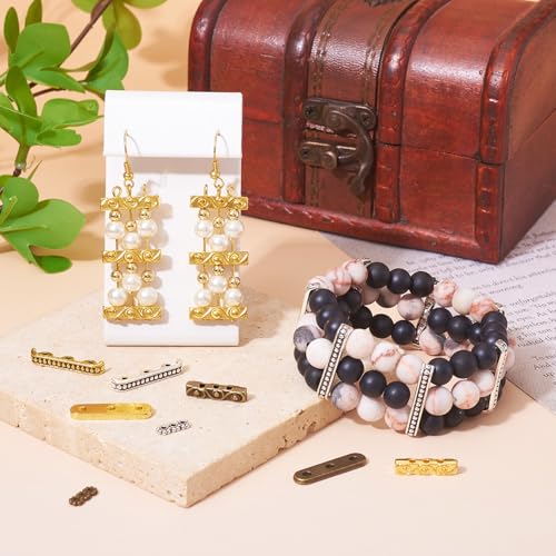 Pandahall 150Pcs 3-Holes Rectangle Spacer Bar Metal Beads 4 Styles Tibetan Multi Strand Separator Link End Bar Mixed Colors for Jewelry Making