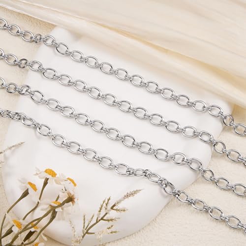 YOUBEIYEE 6.5 Feet Silver Chains Bulk Oval Link Chain Roll Chunky Stainless Steel Chain for Jewelry Making - color: Circle Silver