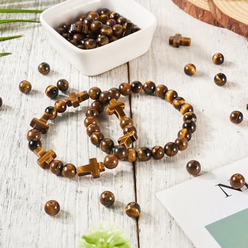 Beadthoven 52pcs Cross Stone Beads 8mm Tiger Eye Beads Natural Stone Gemstone Beads Loose Round Cross Spacers Easter Mini Bead Crucifix Beads for Bracelets Necklace Jewelry Making DIY - color: Tiger Eye