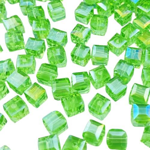 Crystal Glass Beads 100 Pieces 8mm Cube Crystal Glass Beads Faceted Square Shape Spacer Beads for Jewelry Making Bracelet Earring Necklace DIY Craft Making Supplies(Light Green AB) - color: Light Green AB, size: 8mm