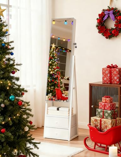 Nicetree Jewelry Cabinet Armoire with 2 Drawers, Lockable Standing Mirror Jewelry Cabinet, Full Length Mirror with Jewelry Storage, Gift Idea, White - color: White