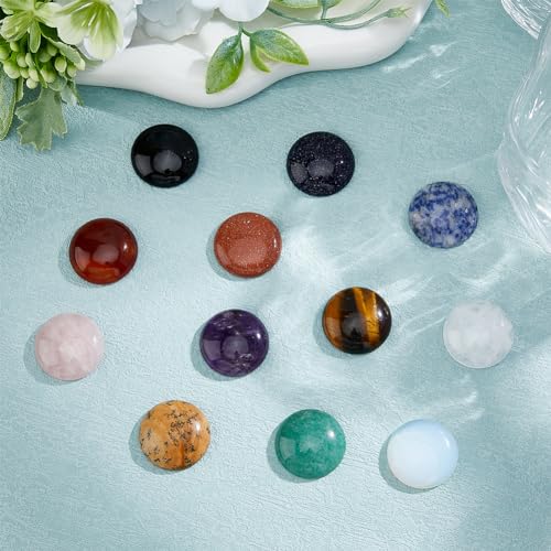 SUPERFINDINGS 12Pcs 12 Styles Natural Cabochon Gemstone 25mm Half Round Dome Flatback Quartz Stone for Necklace Jewelry Making DIY Craft Handmade - size: 25mm