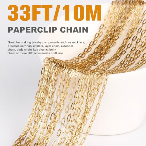 33FT Gold Paperclip Chain Jewelry 2MM 18K Gold PVD Plated Stainless Steel Paperclip Link Chain Roll Bulk for Jewelry Making - color: 2mm gold