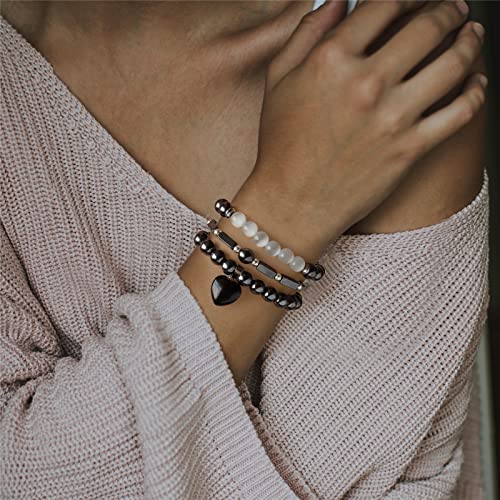 Vinswet Healing Crystal Beaded Bracelets for Women,Natural Amethyst Gemstones Bracelet,Anxiety Stress Relief Heart Charm Bracelet Handmade purple Jewelry Gifts for Women - color: Hematite&Moonstone