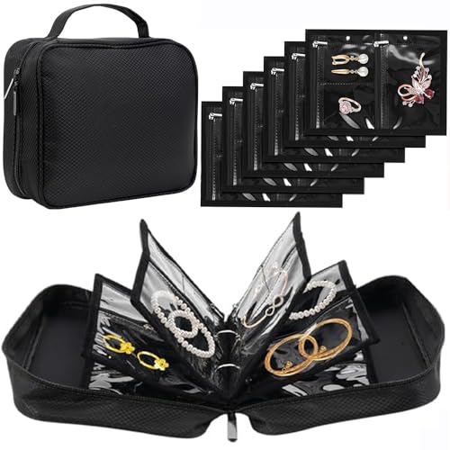 GSXRB Waterproof Anti-Tarnish Jewelry Organizer for Travel - Large Capacity Foldable Jewelry Box with 36 Compartments, Portable Earring Necklace Ring Organizer (Black) - color: Black