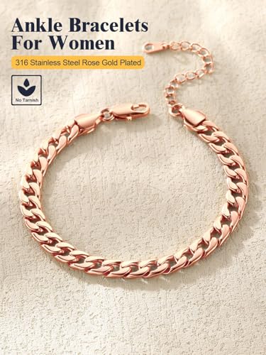 U7 Women Girls Barefoot Jewelry 18K Gold or Rose Gold Stainless Steel Heart/Rope/Figaro/Cuban Chain Anklet Foot Bracelet, 25-30 CM Long - color: Rose Gold Plated-7mm-Cuban Chain