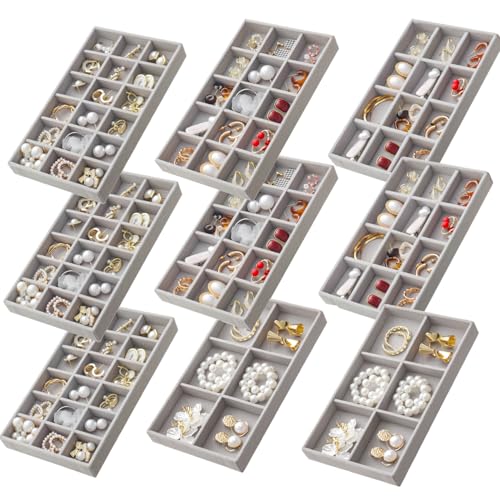 SPAKOWN Jewelry Organizer for Drawer Set of 9, Velvet Jewelry Tray Stackable Jewelry Organizer Display Trays Divided Earring Storage Containers (Grey) - color: Grey