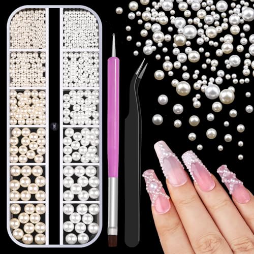 Multi Sizes Round Pearls 3D Nail Charms, 2-6mm White Pearls Nail Jewelry with Tweezers and Dual-end Brush for Women Manicure Nails Supplies DIY Crafts Decorations (21-K1-white-beads) - color: 21-K1-white-beads