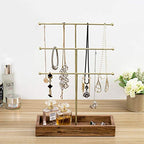 MyGift Handmade 3-Tier Brass Metal Jewelry Tree Organizer Stand and Ring Tray with Solid Acacia Wood Base, T Bar Necklace and Bracelet Display Rack, Handcrafted in India