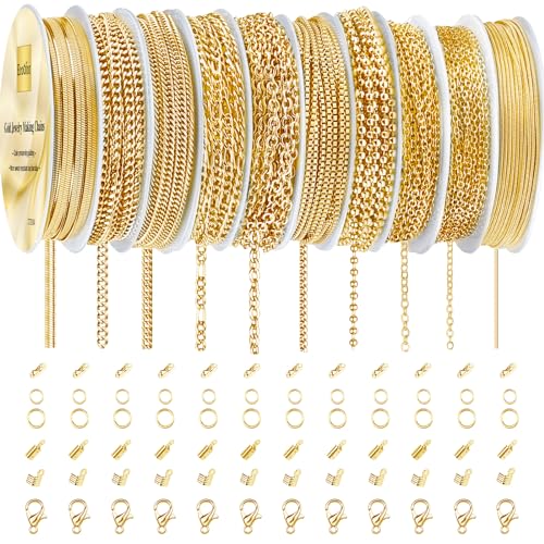 Ecoofor Gold Necklace Chains for Jewelry Making, 75.5 Feet 10 Rolls Jewelry Chains for DIY Necklace Bracelet Jewelry Making with Jump Rings/Lobster Clasps/Connectors - color: Gold 2, size: 10 Rolls