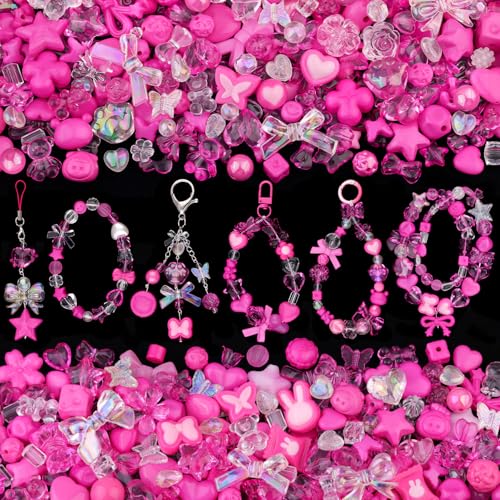 200-260PCS TINKRSTUFF Assorted Acrylic Beads Rose Pink Cute Beads for Bracelet Making,Bow Flower Butterfly GummyBear Kawaii Charms, Aesthetic Bead for Necklace Keychain Jewelry Making DIY Phone Charm - color: Rose Pink
