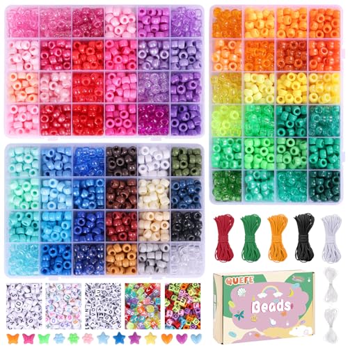 QUEFE 72 Colors Pony Beads for Bracelets Making Kit, 4700pcs Rainbow Kandi Bead, 9mm Pony Beads and Letter Beads, Alphabet Beads for Bracelets Jewelry Making with Elastic Threads - color: 72 colors