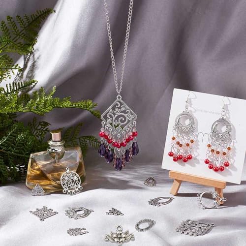 SUNNYCLUE 1Box 48Pcs 12 Style Tibetan Flower Alloy Chandelier Connector Charms Findings Teardrop Hat Oval Components Links for Earring Drop and Charm Pendant, Antique Bronze - color: 48pcs 12 Style Silver Color
