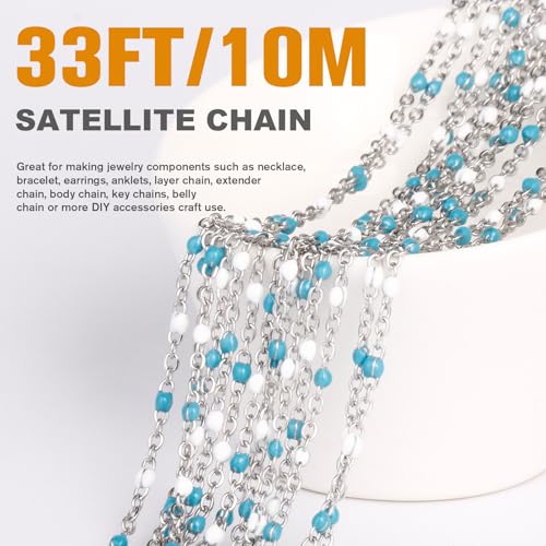 33 Feet Stainless Steel Enamel Chains Bulk, 2mm 304 Stainless Steel Blue White Enamel Beaded Cable Link Chain Roll Spool for Jewelry Making - color: Stainless Steel Blue White Beads