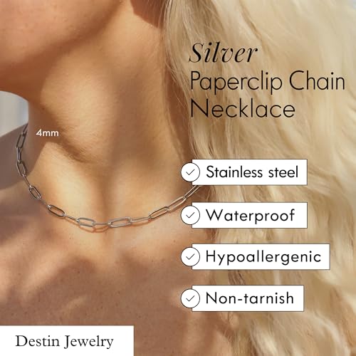 Destin Jewelry Paperclip Chain Necklace for Women, Waterproof 18K Gold Plated Stainless Steel, Hypoallergenic, Adjustable Layering Chain, Tarnish-Resistant, 2.5–6.5mm - color: Stainless Steel, size: 24"+ 2", style: 2.5 MM