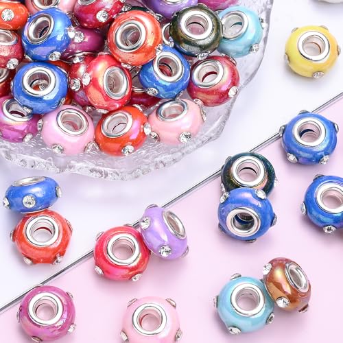 PIPITREE 40PCS Acrylic Beads 8 * 15mm Focal Beads for Pens Acrylic Flat Bulk Bead Rhinestone AB Mixed Color 6mm Large Hole Bead for Keychains Beadable Pens DIY Crafts Jewelry Making & Gift Giving - color: Rhinestone