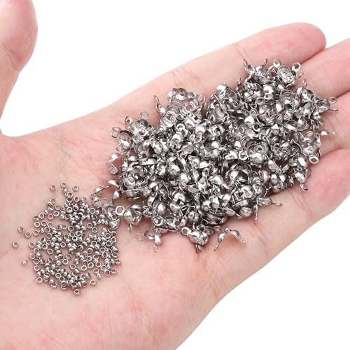 304 Stainless Steel Crimp Beads 2.0mm and End Caps 4x8mm Set 200pcs for Jewelry DIY Making and Repairing - color: Crimp Beads and End Caps Set, size: 2.0mm and 4x8mm