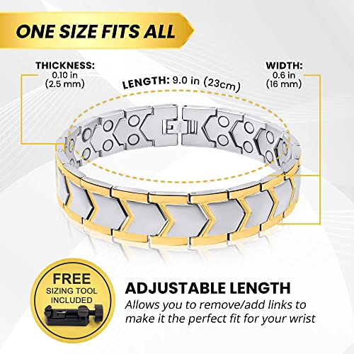 MagnetRX® Ultra Strength Magnetic Bracelet – Effective Stainless Steel Metal Bracelets for Men – Adjustable Length with Sizing Tool for Perfect Fit (Silver & Gold) - color: Gold & Silver Arrow Style (2X Strength)