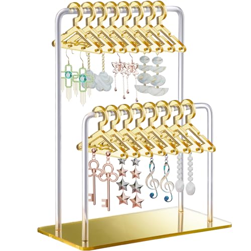 NiHome Glitter Acrylic Earring Holder with Unique Double-Tiered Design, Miniature Clothing Hangers with Spacious Storage for 48 Pairs, Mirror-Finish Display for Home Vanity & Retail Showrooms(Gold) - color: Gold, size: Without Tray