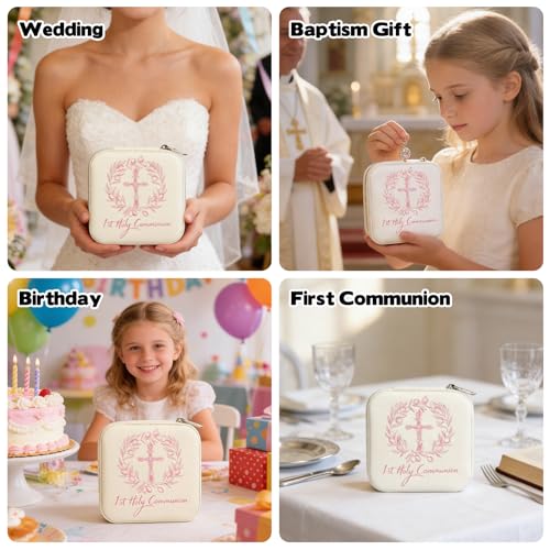 First Communion Travel Jewelry Box, Small Zippered Jewelry Case with Soft Lining, White Square Keepsake Box for Rings Earrings Necklaces, Religious Keepsake Gift for Baptism or Wedding (1, White) - color: White
