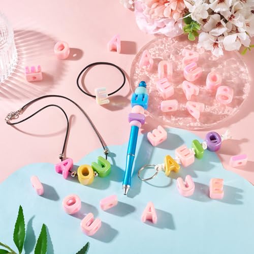 Cheriswelry 50Pcs Large Hole Letter Beads Acrylic Vowel Alphabet Bead European Slide Charm Bracelet Bead 20.5x8mm for DIY Jewelry Making Keychain Necklace Making Supplies Hole:6mm - color: Pink