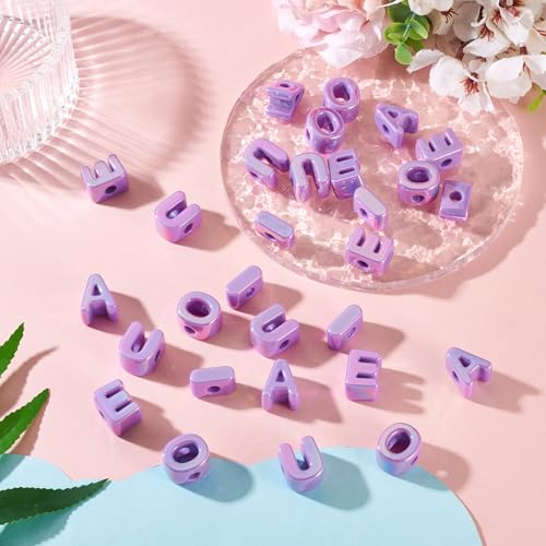 FASHEWELRY 50Pcs Large Acrylic Letter Beads UV Plating Iridescent Vowel Alphabet Beads 3D Initial Slider Bead with Horizontal Hole for Bracelets Necklace Keychains Jewelry Making - Purple - color: Purple