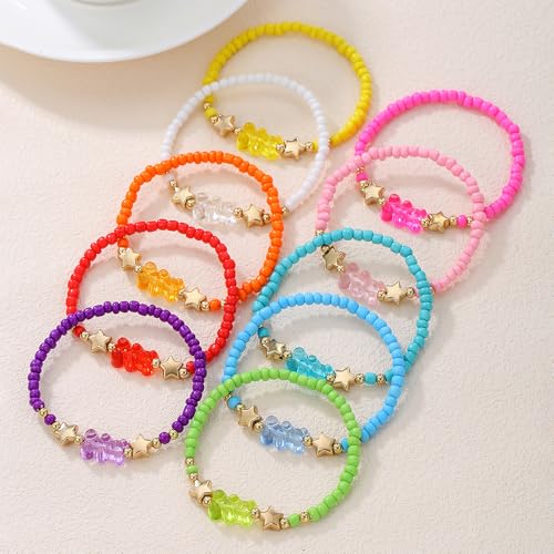 Friendship Bracelets Boho Stackable Bracelets for Women Surfer Heishi Clay Bead Bracelets Stretch Preppy Bracelets Colorful Boho Bracelets for Women - color: 10pcs Candy Bear
