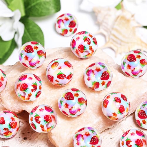15Pcs Acrylic Beads Round 16mm Strawberry Print Fit for DIY Jewelry Bracelet Necklace Keychain Beadable Pens Mobile Phone Chain Making Cute (Strawberry) - color: Strawberry-White